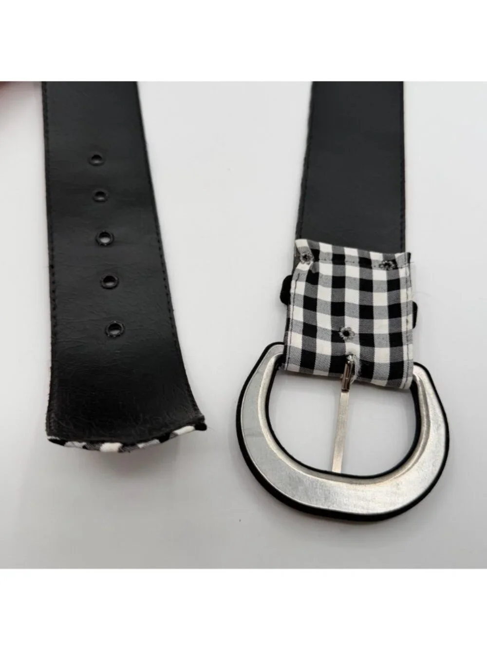 Vintage Black & White Checkered Pattern Fabric/Plastic Belt Size 16